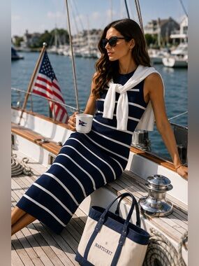 525 America Emma Cotton Midi/Maxi Dress Navy/White | Americana Coastal Elegance